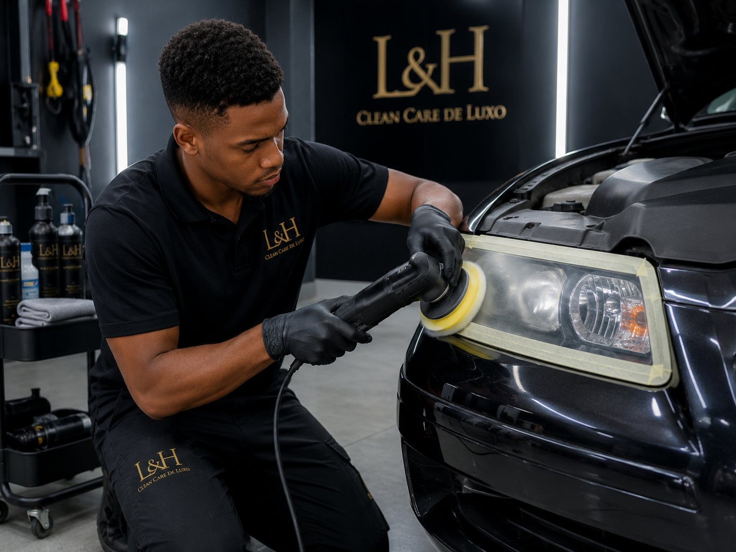 Técnico da L&H a polir o farol de uma viatura em oficina de detalhe
