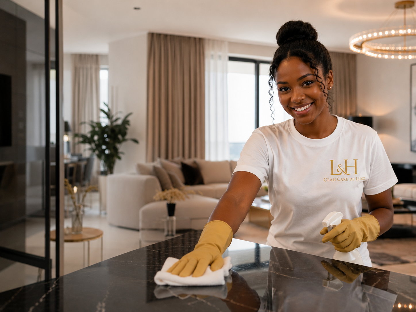 Colaboradora da L&H Clean Care a limpar uma bancada numa residência em Luanda