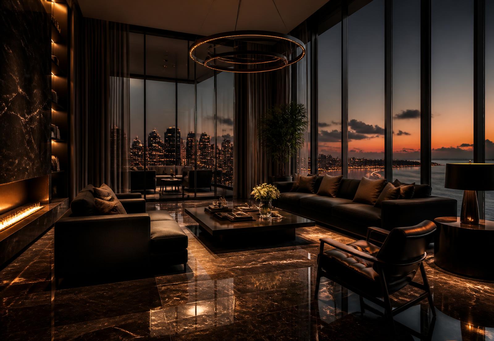 Sala de estar de luxo em Luanda impecavelmente limpa ao entardecer